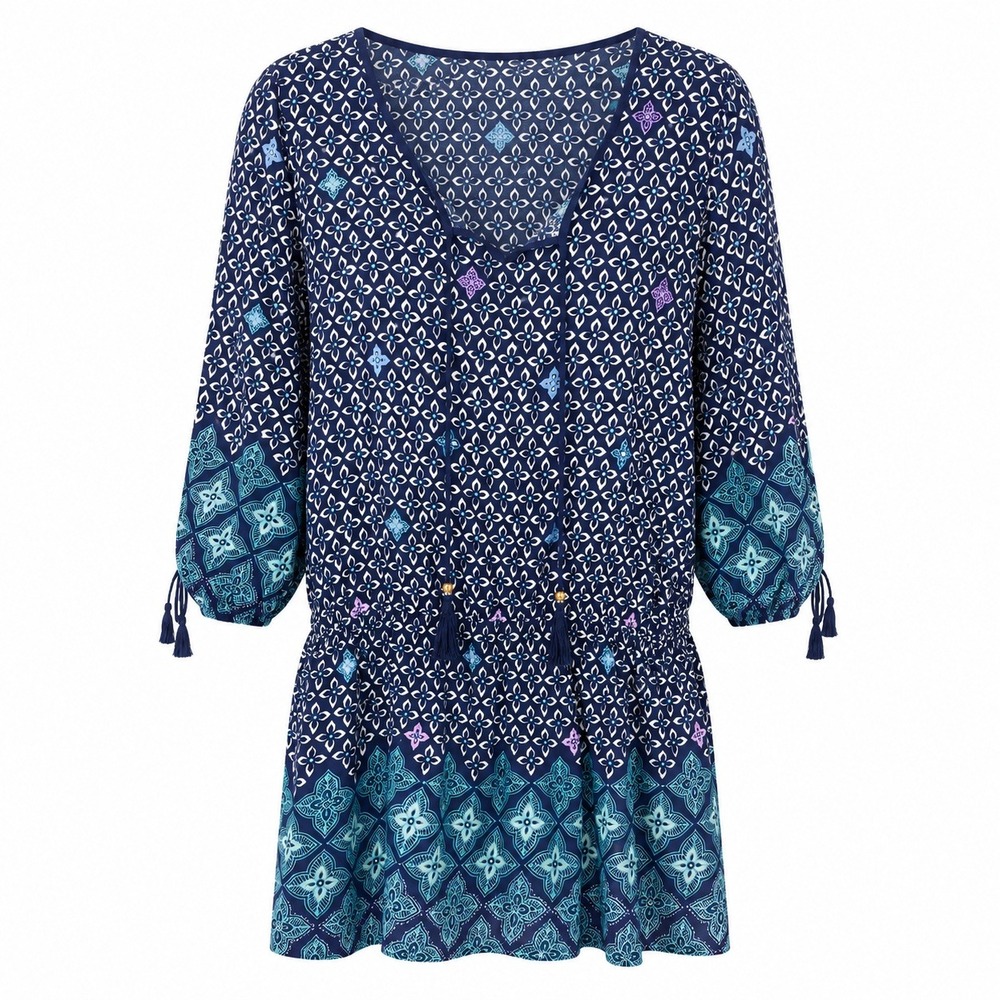 Green Dragon Womens L Boho Tunic 3/4 Sleeve Geometric Navy Festive Wear Artisan